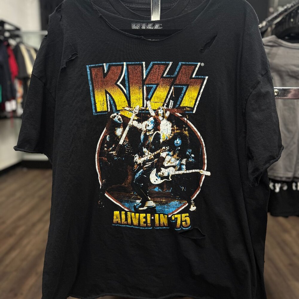 Custom Vintage KISS Alive in '75 Tee | 1 of 1 Cut-Up Band Shirt | 2XL Black